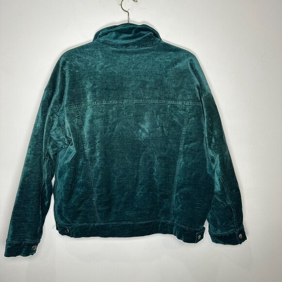 Free People Velvet Trucker Jacket Womens Small Green Snap Zip Bomber Oversized - Picture 9 of 9